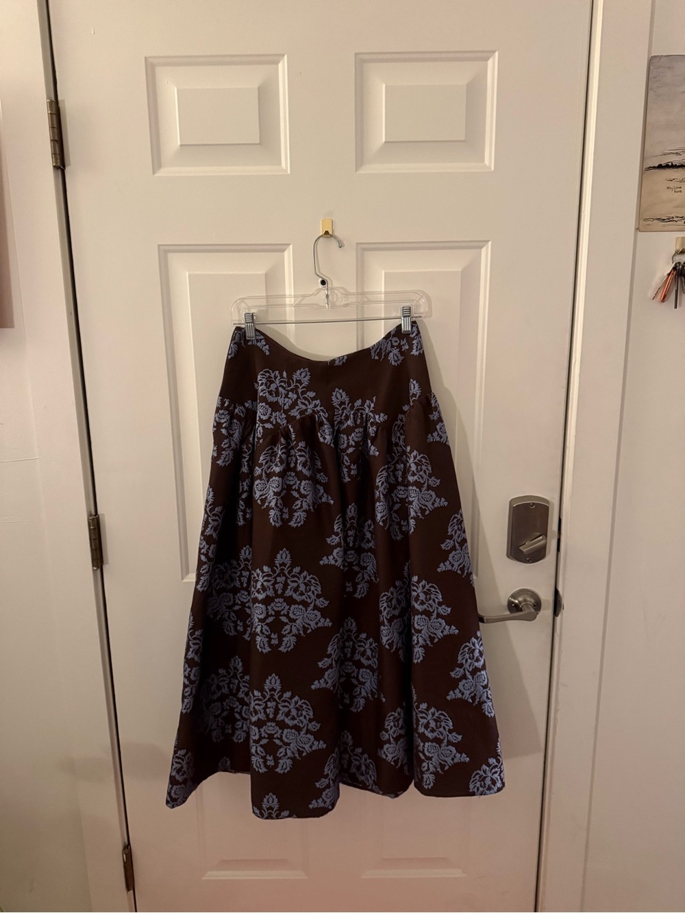 Anthropologie Brown A-Line Skirt with Blue Floral Print